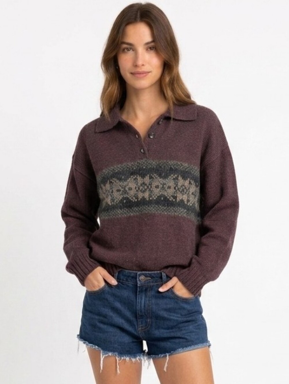 Vintage Collared Fair Isle Knit Button-front Polo Henley Sweater In Burgundy